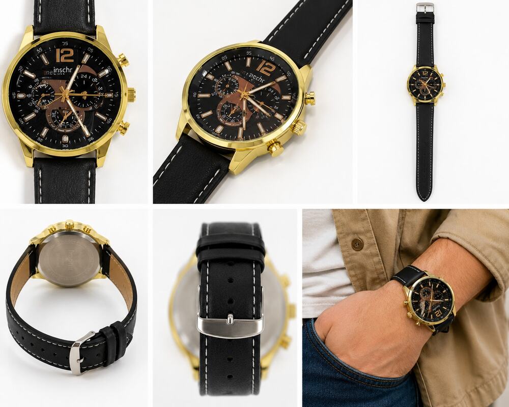 Inschic Men’s Gold-Tone Chronograph Style Watch Black Dial Black Leather Band